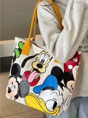 Mickey Mouse Canvas Cartoon Character Tote Bag in Multi-Color